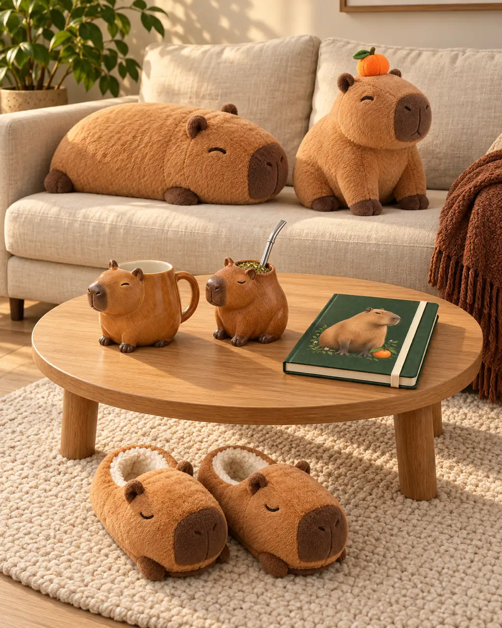 Living con un sillón crema: almohadón y peluche de carpincho, y sobre la mesa una taza, un mate y una libreta con carpinchos; pantuflas de carpincho sobre la alfombra