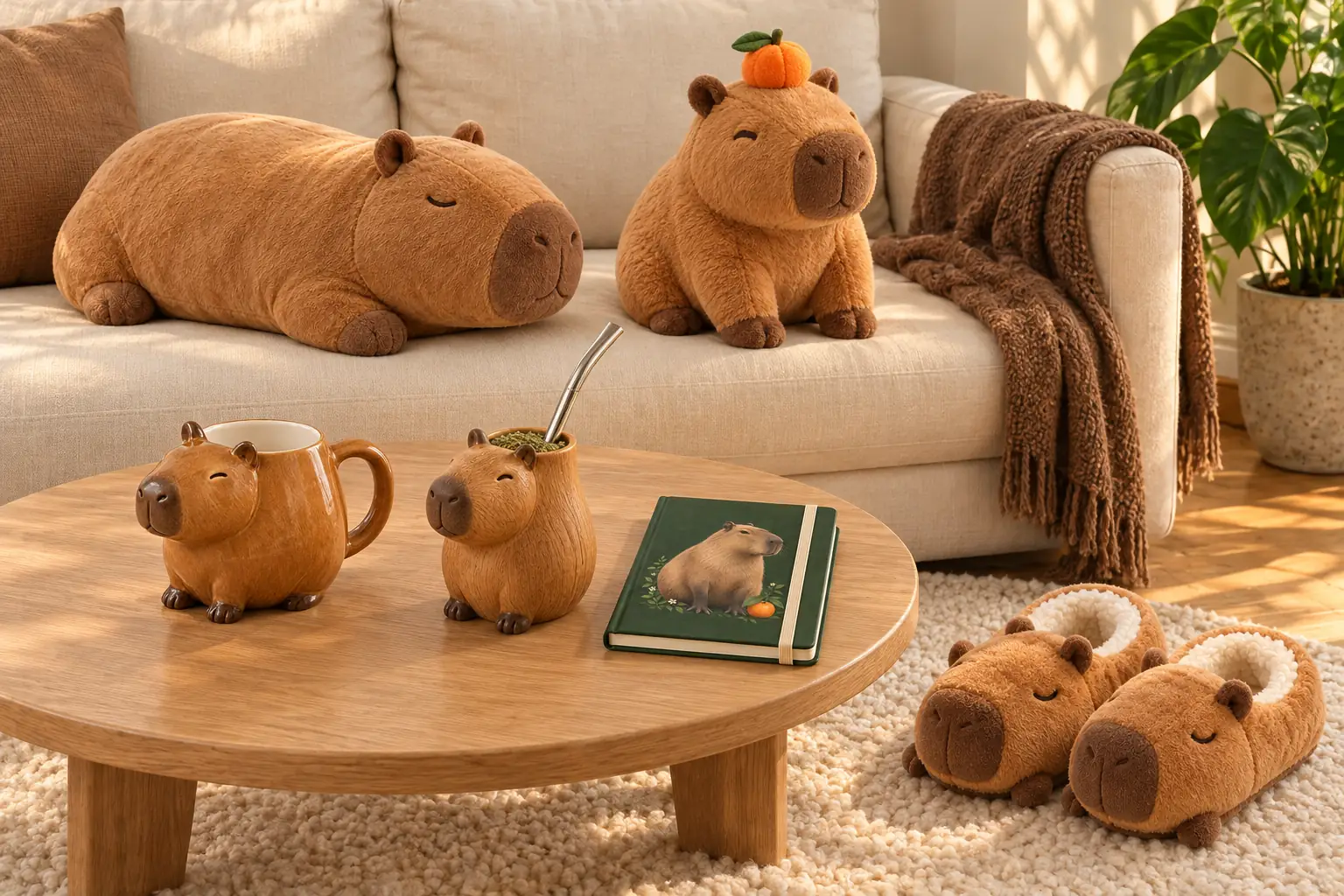 Living con un sillón crema: almohadón y peluche de carpincho, y sobre la mesa una taza, un mate y una libreta con carpinchos; pantuflas de carpincho sobre la alfombra